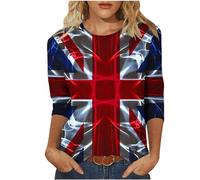 AnnSemo Union Jack T Shirt Summer Tops for Women British Flag Full Print Blouses Casual 3/4 Sleeve Tunic Tops Loose Fit Round Neck Pullover 6th of May Shirts for King's Coronation