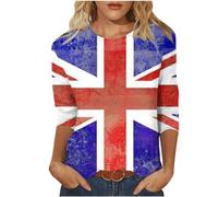 AnnSemo Union Jack T Shirt Summer Tops for Women British Flag Full Print Blouses Casual 3/4 Sleeve Tunic Tops Loose Fit Round Neck Pullover 6th of May Shirts for King's Coronation