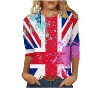 AnnSemo Union Jack T Shirt Summer Tops for Women British Flag Full Print Blouses Casual 3/4 Sleeve Tunic Tops Loose Fit Round Neck Pullover 6th of May Shirts for King's Coronation