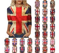AnnSemo Union Jack T Shirt Summer Tops for Women British Flag Full Print Blouses Casual 3/4 Sleeve Tunic Tops Loose Fit Round Neck Pullover 6th of May Shirts for King's Coronation