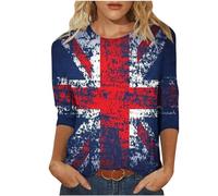 AnnSemo Union Jack T Shirt Summer Tops for Women British Flag Full Print Blouses Casual 3/4 Sleeve Tunic Tops Loose Fit Round Neck Pullover 6th of May Shirts for King's Coronation
