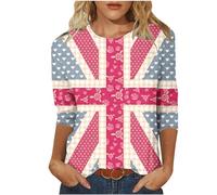 AnnSemo Union Jack T Shirt Summer Tops for Women British Flag Full Print Blouses Casual 3/4 Sleeve Tunic Tops Loose Fit Round Neck Pullover 6th of May Shirts for King's Coronation