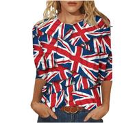 AnnSemo Union Jack T Shirt Summer Tops for Women British Flag Full Print Blouses Casual 3/4 Sleeve Tunic Tops Loose Fit Round Neck Pullover 6th of May Shirts for King's Coronation