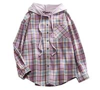 AnnSemo Women Plaid Shirts Button Down Casual Tartan Hoodie Jacket Fall Lightweight Loose Check Blouse Tops Checked Shacket Long Sleeve Flannel Shirt Winter Hoodie Overwear Office Work