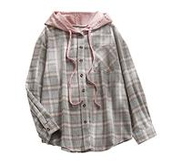 AnnSemo Women Plaid Shirts Button Down Casual Tartan Hoodie Jacket Fall Lightweight Loose Check Blouse Tops Checked Shacket Long Sleeve Flannel Shirt Winter Hoodie Overwear Office Work