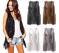 AnnSemo Women Tassel Vest 70s Hippie Faux Suede Rivets Sleeveless Fringe Waistcoat Jacket Cardigan Tops Jacket Cardigan Sleeveless Y2k Outerwear Streetwear ladies gilet