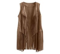 AnnSemo Women Tassel Vest 70s Hippie Faux Suede Rivets Sleeveless Fringe Waistcoat Jacket Cardigan Tops Jacket Cardigan Sleeveless Y2k Outerwear Streetwear ladies gilet
