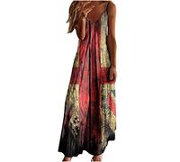 AnnSemo Women Trendy Loose Long Dress Tunic Sundresses Independence Day Women Fashion Sling Mid-Waist V-Neck Sleeveless Stripe Printing Slim Beach Long Dress UK Red