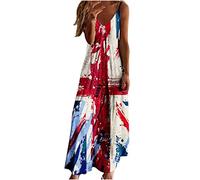 AnnSemo Women Union Jack British Flag Dress Sexy Sleeveless V-Neck Suspender Dress Casual Loose Printed Long Ankle-Length Elegant Shift Boho Maxi Trendy Blue