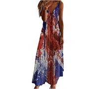 AnnSemo Women Union Jack British Flag Dress Sexy Sleeveless V-Neck Suspender Dress Casual Loose Printed Long Ankle-Length Elegant Shift Boho Maxi Trendy Navy