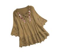 AnnSemo Women Vintage Lace Patchwork Bow V Neck Three Quarter Blouses Top T Shirt Thin Tee Shirts Women Cotton Linen Tunic Tops Summer