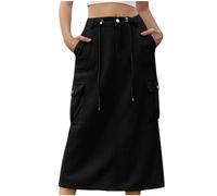 AnnSemo Womens Cargo Long Skirt High Waisted Denim Look Midi Skirts with Multi Pockets Ladies Casual Side Split Jean Skirt Summer Half Elasticated A-Line Skirts