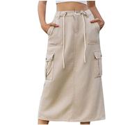 AnnSemo Womens Cargo Long Skirt High Waisted Denim Look Midi Skirts with Multi Pockets Ladies Casual Side Split Jean Skirt Summer Half Elasticated A-Line Skirts