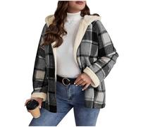 AnnSemo Womens Checked Jackets Winter Cosy Warm Fleece Lined Coats Long Sleeeve Zipper Hooded Oversized Jackets for Women UK Casual Plaid Coat Zip Up Hoodie