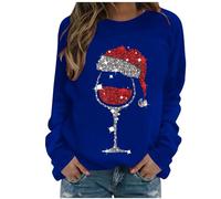 AnnSemo Womens Christmas Jumpers Stylish Xmas Wine Glass Print Tops Casual Long Sleeve Pullover Funny Christmas Jumper Loose Fit Round Neck Lightweight Sweatshirts