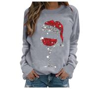 AnnSemo Womens Christmas Jumpers Stylish Xmas Wine Glass Print Tops Casual Long Sleeve Pullover Funny Christmas Jumper Loose Fit Round Neck Lightweight Sweatshirts