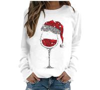 AnnSemo Womens Christmas Jumpers Stylish Xmas Wine Glass Print Tops Casual Long Sleeve Pullover Funny Christmas Jumper Loose Fit Round Neck Lightweight Sweatshirts