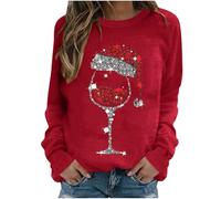 AnnSemo Womens Christmas Jumpers Stylish Xmas Wine Glass Print Tops Casual Long Sleeve Pullover Funny Christmas Jumper Loose Fit Round Neck Lightweight Sweatshirts
