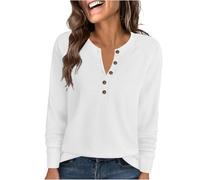 AnnSemo Womens Lightweight Sweatshirt Button V Neck Ladies Tops Loose Fit Solid Colour Pullover Waffle Fabric Long Sleeve Casual Sweatshirts for Women UK Ladies Jumpers White