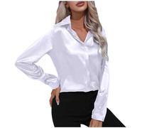 AnnSemo Women's Satin Shirts Casual Long Sleeve Tops Elgant Botton Down Blouses Smooth V Neck Silk Like Shirts Classic Solid Color Going Out Tops for Ladies Business Work Office