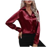 AnnSemo Women's Satin Shirts Casual Long Sleeve Tops Elgant Botton Down Blouses Smooth V Neck Silk Like Shirts Classic Solid Color Going Out Tops for Ladies Business Work Office