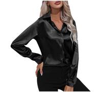 AnnSemo Women's Satin Shirts Casual Long Sleeve Tops Elgant Botton Down Blouses Smooth V Neck Silk Like Shirts Classic Solid Color Going Out Tops for Ladies Business Work Office