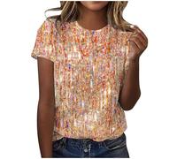 AnnSemo Women's Sparkly Tops Short Sleeve Shimmery Club Party Blouses Trendy Crew Neck Glitter Evening Shirts Casual Loose Sequin Tshirt Sparkly Tops for Women UK