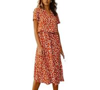 AnnSemo Womens Summer Casual Polka Dot Dresses Short Sleeve V-Neck Drawstring Waist Midi Dress for Wedding Guest Holiday Beach Party Flowy A-Line Boho Dresses for Women UK