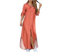 AnnSemo Women's Summer Dresses Casual Button Down Shirt Dresses Long Sleeve Maxi Denim Dress Solid Color Tunic Dress Beach Cover Up with Pockets Loose Irregular Hem