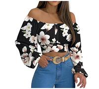 AnnSemo Women's Tops T-shirtd Summer Clothes Strapeless Long Sleeve Off Shoulder Ruched Lantern Sleeve Crop Blouses Floral Print Cocktail Party Dress Beach Cover ups Black