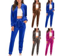 AnnSemo womens tracksuit set velour sweatsuit ladies lounge wear set solid color velvet long sleeve top full zipper oversized hoodies sweatshirt gym jogging bottoms 2 piece outfit