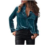 AnnSemo Womens Velvet Long Sleeve Tops Casual Button Down Shirts Retro Lapel Neck Blouse with Pockets Dressy Velour Tee Shirt Regular Fit Tunic Tops for Going Out Office Work