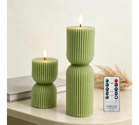 AnnSpa 2 Pack Stripe LED Candles with Timer Remote Control, Battery Operate Flameless Real Wax Flickering Wick, Yellow Light Pillar Candles for Wedding Dinner Christmas Holiday Decor Candles - Green