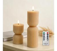 AnnSpa 2 Pack Stripe LED Candles with Timer Remote Control, Battery Operate Flameless Real Wax Flickering Wick, Yellow Light Pillar Candles for Wedding Dinner Christmas Holiday Decor Candles - Brown