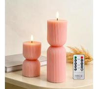 AnnSpa 2 Pack Stripe LED Candles with Timer Remote Control, Battery Operate Flameless Real Wax Flickering Wick, Yellow Light Pillar Candles for Wedding Dinner Christmas Holiday Decor Candles - Pink