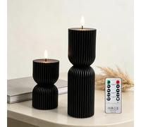 AnnSpa 2 Pack Stripe LED Candles with Timer Remote Control, Battery Operate Flameless Real Wax Flickering Wick, Yellow Light Pillar Candles for Wedding Dinner Christmas Holiday Decor Candles - Black