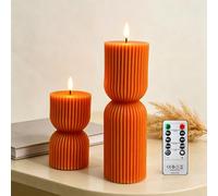 AnnSpa 2 Pack Stripe LED Candles with Timer Remote Control, Battery Operate Flameless Real Wax Flickering Wick, Yellow Light Pillar Candles for Wedding Dinner Christmas Holiday Decor Candles - Orange