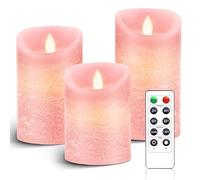 AnnSpa 3 Set Gold LED Candles Battery Operated with 10-Key Remote Control and Cycling 24 Hours Timer, Flameless Real Wax Flickering Moving Wick Flickering Amber Pink Light Pillar Candles