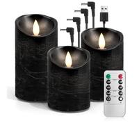 AnnSpa 3 Set LED Candles USB Rechargeable with Remote Control and Timers, USB Charging Electric Candle, Moving Wick Flickering, Flameless Real Wax Pillar Candles for Party Garden Decoration - Black