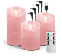 AnnSpa 3 Set LED Candles USB Rechargeable with Remote Control and Timers, USB Charging Electric Candle, Moving Wick Flickering, Flameless Real Wax Pillar Candles for Party Garden Decoration - Pink
