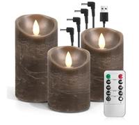 AnnSpa 3 Set LED Candles USB Rechargeable with Remote Control and Timers, USB Charging Electric Candle, Moving Wick Flickering, Flameless Real Wax Pillar Candles for Party Garden Decoration - Brown