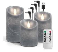 AnnSpa 3 Set LED Candles USB Rechargeable with Remote Control and Timers, USB Charging Electric Candle, Moving Wick Flickering, Flameless Real Wax Pillar Candles for Party Garden Decoration - Gray