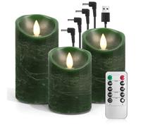 AnnSpa 3 Set LED Candles USB Rechargeable with Remote Control and Timers, USB Charging Electric Candle, Moving Wick Flickering, Flameless Real Wax Pillar Candles for Party Garden Decoration - Green