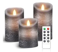 AnnSpa LED Candle 3 Set Battery Operated with 10-Key Remote Control and Cycling 24 Hours Timer, Flameless Real Wax Flickering Moving Wick Flickering Amber Yellow Light Pillar Candles (Grey)