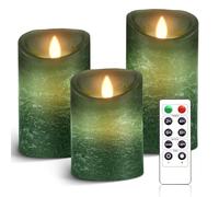 AnnSpa LED Candle 3 Set Battery Operated with 10-Key Remote Control and Cycling 24 Hours Timer, Flameless Real Wax Flickering Moving Wick Flickering Amber Yellow Light Pillar Candles （Green