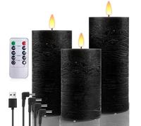AnnSpa LED Candles 3 Set USB Rechargeable with Remote and Timers, Electric Candle, Led Candle with Remote Control, Flameless Real Wax Pillar Candles for Decoration, Wedding - Black