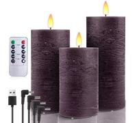 AnnSpa LED Candles 3 Set USB Rechargeable with Remote and Timers, Electric Candle, Led Candle with Remote Control, Flameless Real Wax Pillar Candles for Decoration, Wedding - Purple