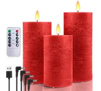 AnnSpa LED Candles 3 Set USB Rechargeable with Remote and Timers, Electric Candle, Led Candle with Remote Control, Flameless Real Wax Pillar Candles for Decoration, Wedding - Red