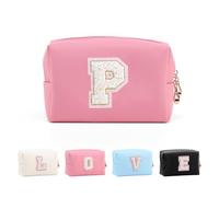 Anntry Small Personalized Initial Letter Makeup Bag, Cute Waterproof PU Leather Chenille Letter Cosmetic Bag Travel Makeup Bag, Preppy Makeup Pouch Toiletry Zipper Pouch Organizer for Women and Girls