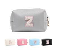 Anntry Small Personalized Initial Letter Makeup Bag, Cute Waterproof PU Leather Chenille Letter Cosmetic Bag Travel Makeup Bag, Preppy Makeup Pouch Toiletry Zipper Pouch Organizer for Women and Girls